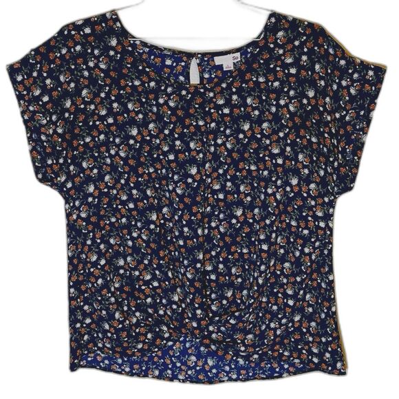 Fall Floral Blouse Navy Blue Burnt Orange Khaki Twisted Front Top Junior Size L - Picture 2 of 5